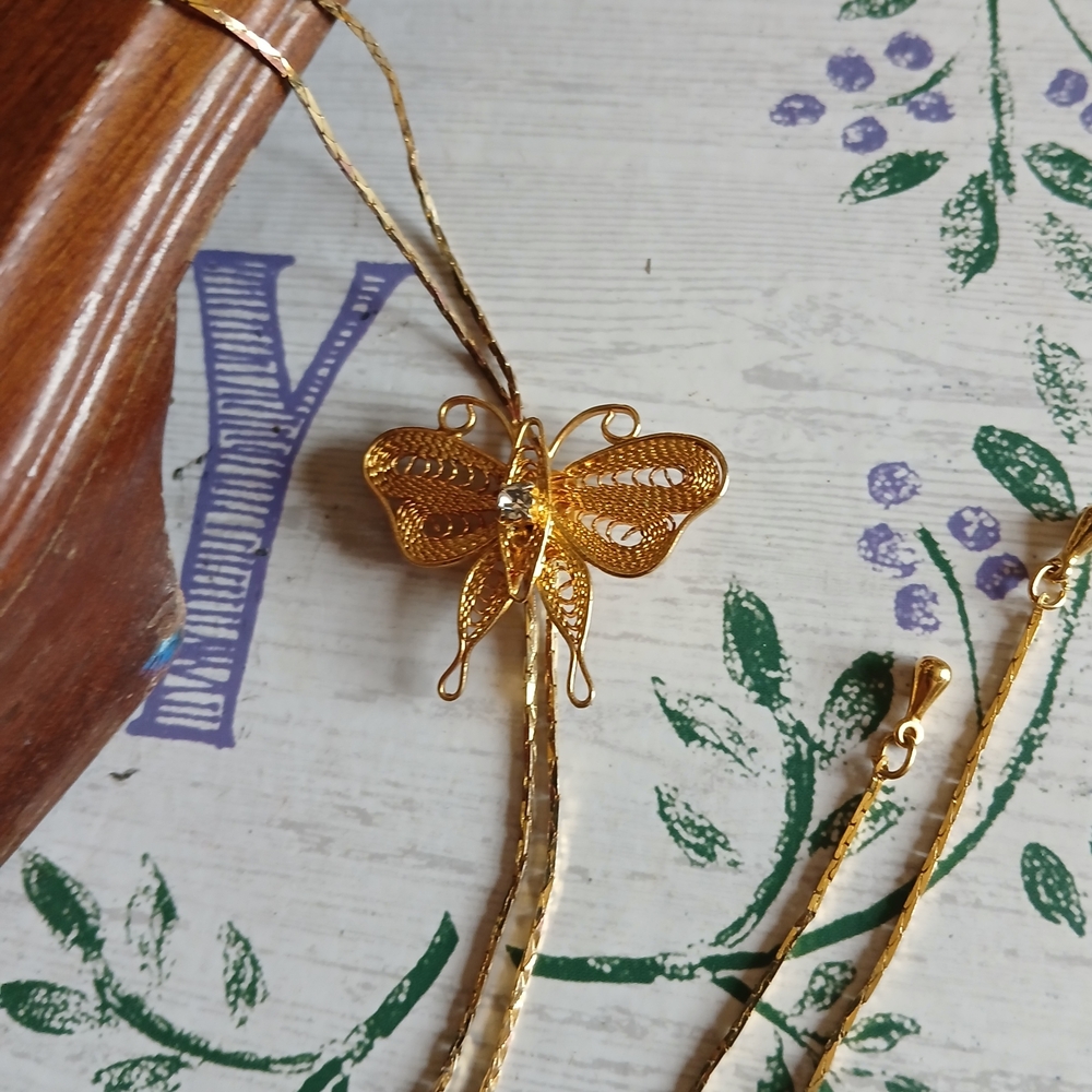 Vintage Gold Butterfly Filigree Necklace with Rhinestone Accent